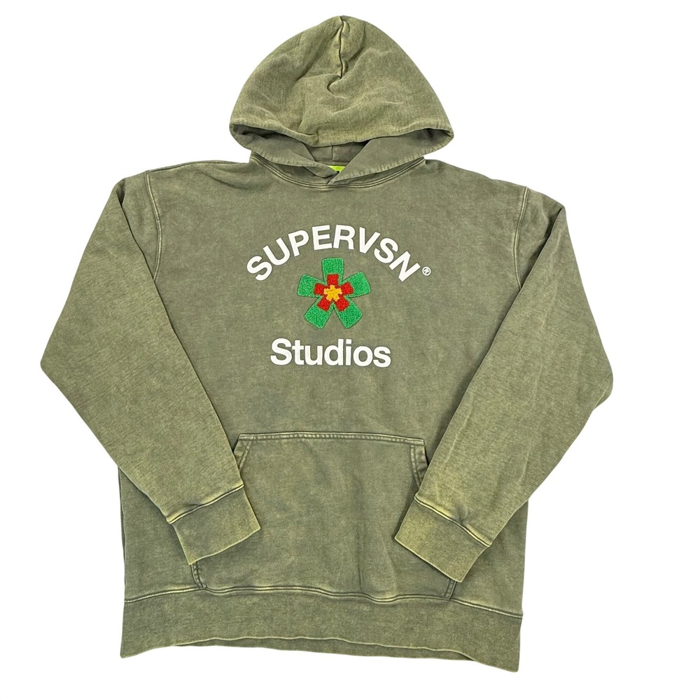 Supervsn Studios Hoodie Olive Green Acid Wash Chenille Flower Logo Mens XL